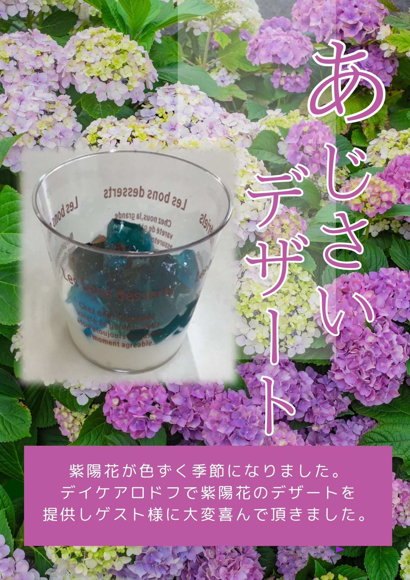 ゲスト様に紫陽花デザートの提供ができました